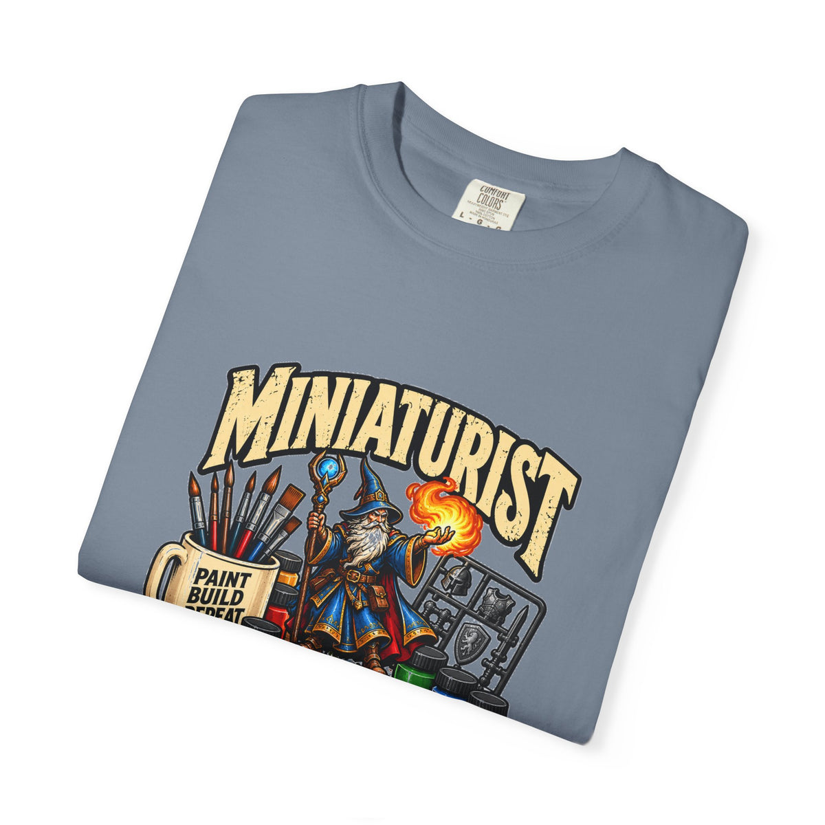 Miniaturist Wizard Paint Build Repeat T-Shirt | Miniature Painting Hobby Tee