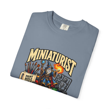 Miniaturist Wizard Paint Build Repeat T-Shirt | Miniature Painting Hobby Tee