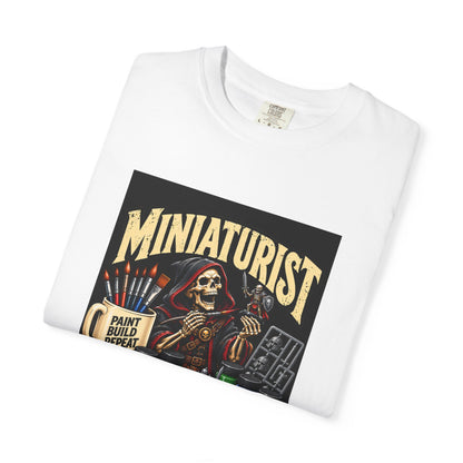 Miniaturist Skeleton Paint Build Repeat T-Shirt | Miniature Painting Hobby Tee