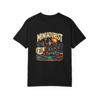 Miniaturist Wizard Paint Build Repeat T-Shirt | Miniature Painting Hobby Tee