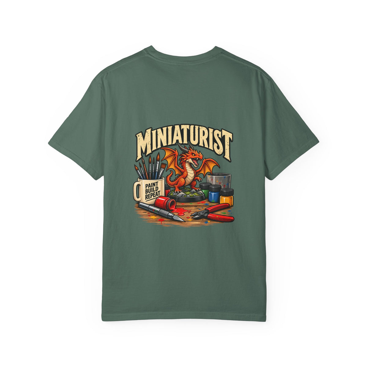 Miniaturist Dragon Paint Build Repeat T-Shirt | Miniature Painting Hobby Tee