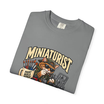 Miniaturist Cat Painter Paint Build Repeat T-Shirt | Miniature Painting Hobby Tee