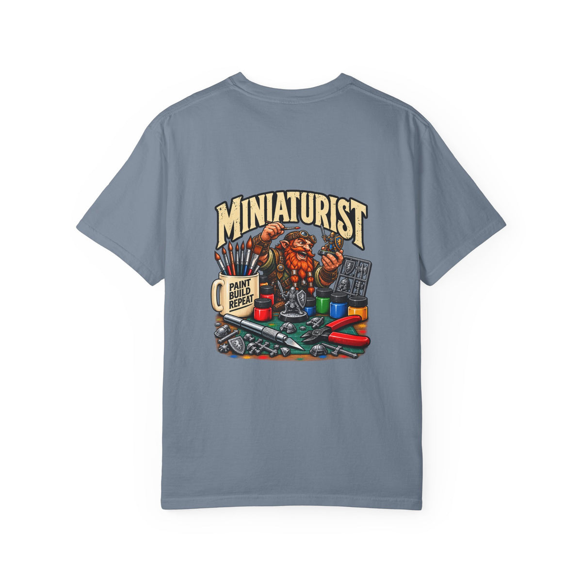 Miniaturist Dwarf Painter Paint Build Repeat T-Shirt | Miniature Painting Hobby Tee