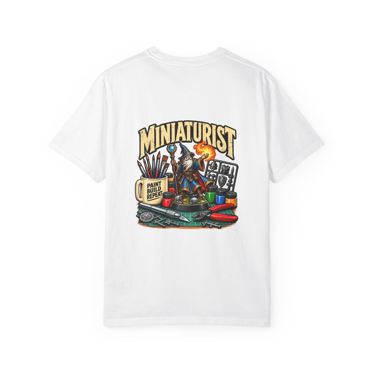 Miniaturist Wizard Paint Build Repeat T-Shirt | Miniature Painting Hobby Tee