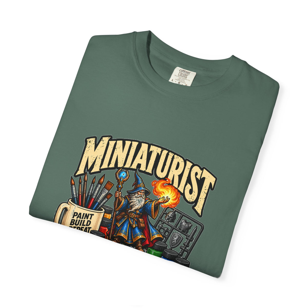 Miniaturist Wizard Paint Build Repeat T-Shirt | Miniature Painting Hobby Tee
