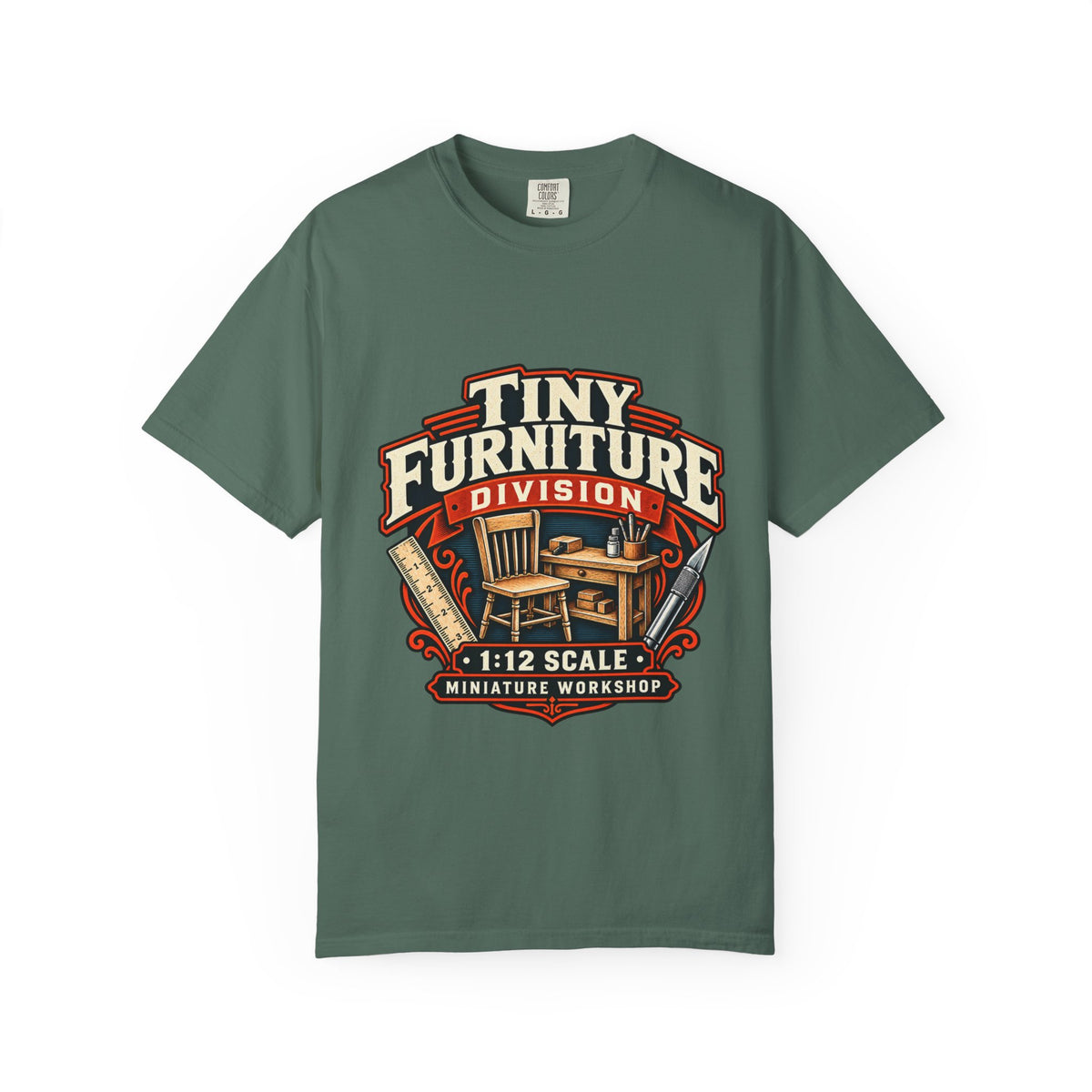 Vintage miniature furniture workshop graphic tee for 1:12 scale hobbyists