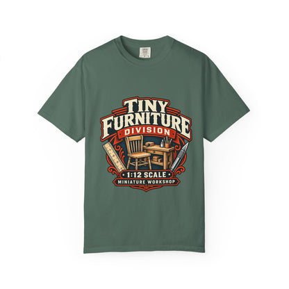 Vintage miniature furniture workshop graphic tee for 1:12 scale hobbyists