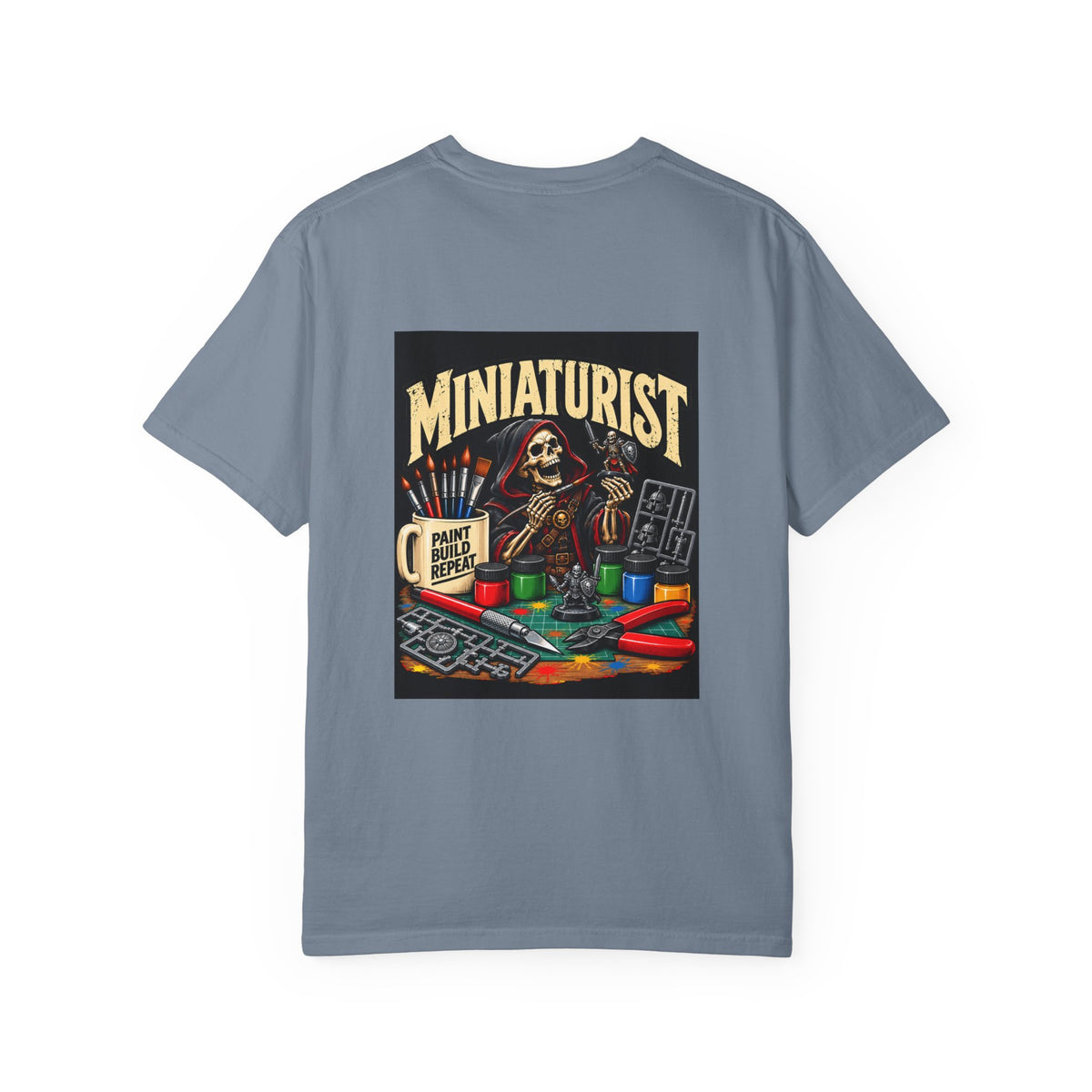 Miniaturist Skeleton Paint Build Repeat T-Shirt | Miniature Painting Hobby Tee
