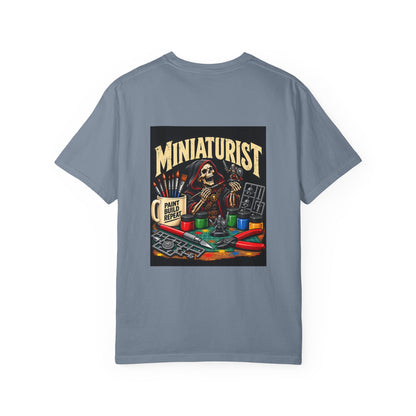 Miniaturist Skeleton Paint Build Repeat T-Shirt | Miniature Painting Hobby Tee