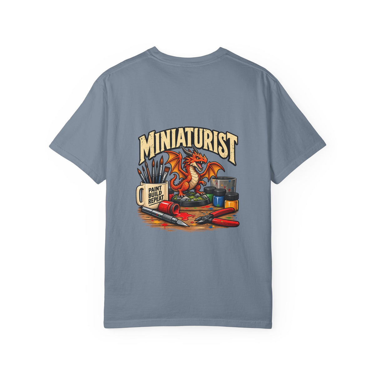 Miniaturist Dragon Paint Build Repeat T-Shirt | Miniature Painting Hobby Tee