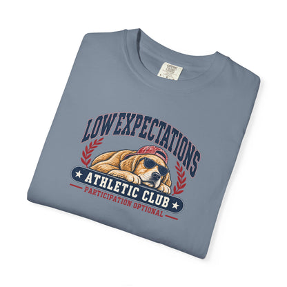Low Expectations Athletic Club T-Shirt | Funny Retro Collegiate Dog Tee