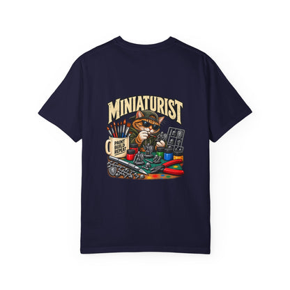 Miniaturist Cat Painter Paint Build Repeat T-Shirt | Miniature Painting Hobby Tee