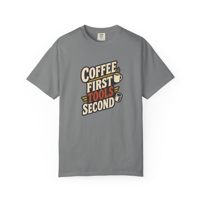 COFFEE FIRST TOOLS SECOND T-Shirt | Retro Workshop Tee