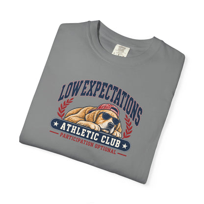 Low Expectations Athletic Club T-Shirt | Funny Retro Collegiate Dog Tee