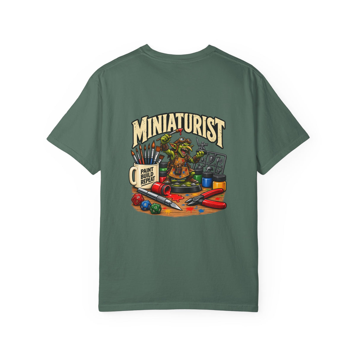 Miniaturist Goblin Paint Build Repeat T-Shirt | Miniature Painting Hobby Tee