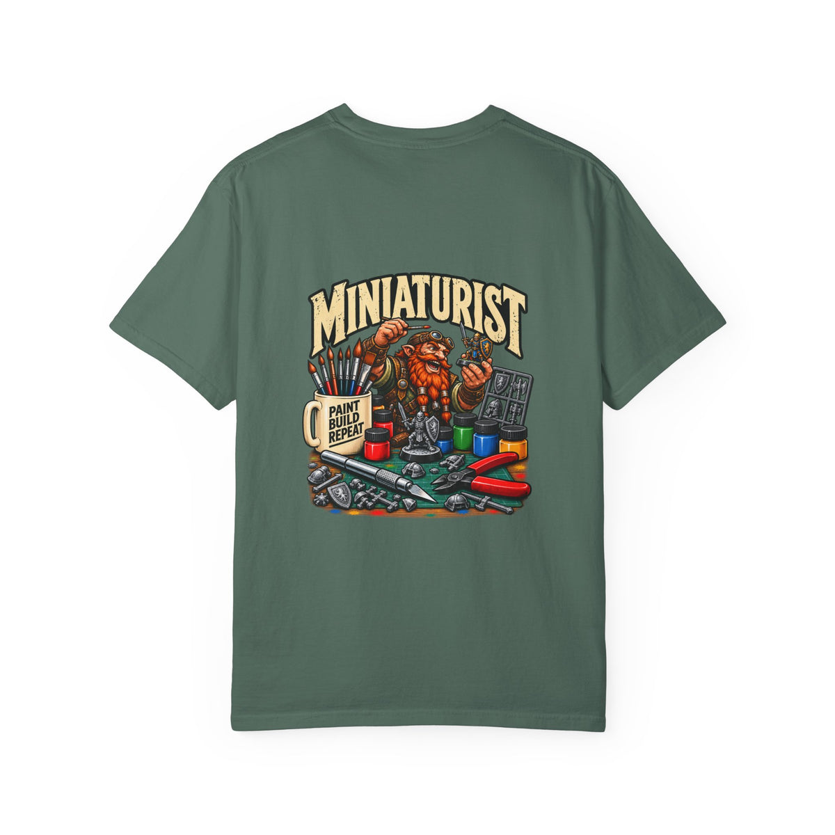 Miniaturist Dwarf Painter Paint Build Repeat T-Shirt | Miniature Painting Hobby Tee