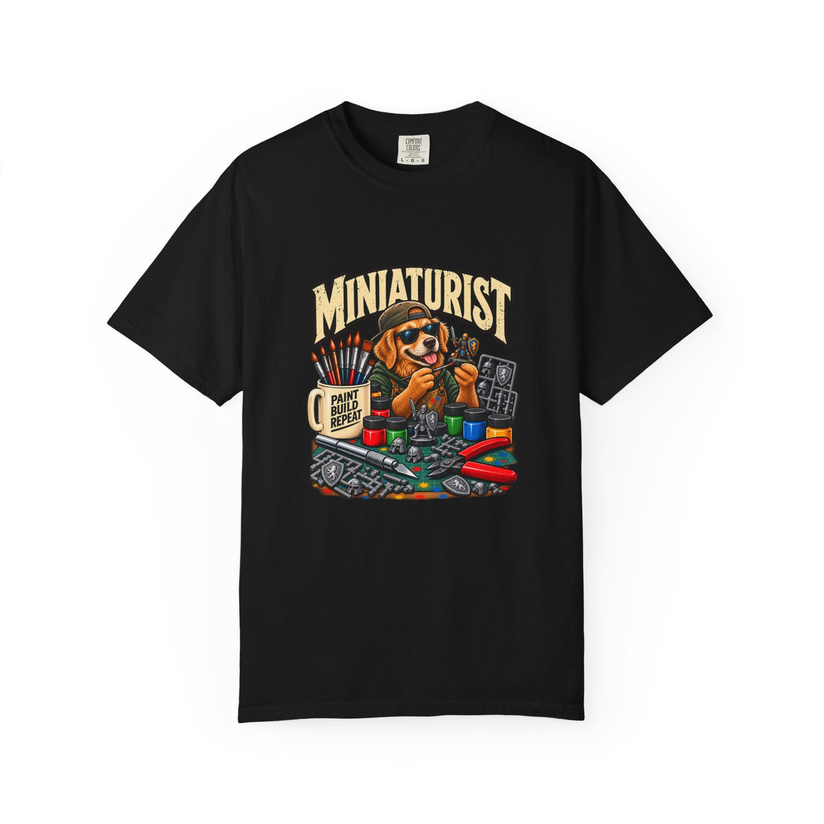 Miniaturist Dog Painter Paint Build Repeat T-Shirt | Miniature Painting Hobby Tee