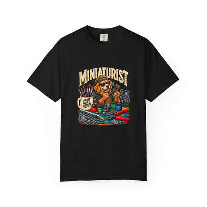 Miniaturist Dog Painter Paint Build Repeat T-Shirt | Miniature Painting Hobby Tee