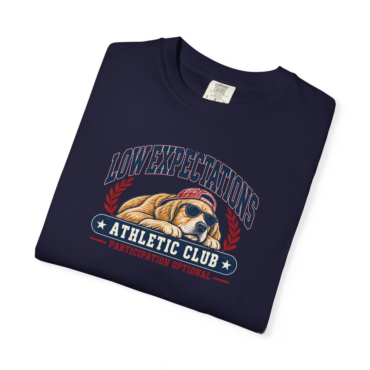 Low Expectations Athletic Club T-Shirt | Funny Retro Collegiate Dog Tee