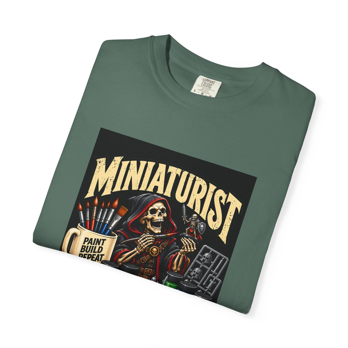 Miniaturist Skeleton Paint Build Repeat T-Shirt | Miniature Painting Hobby Tee