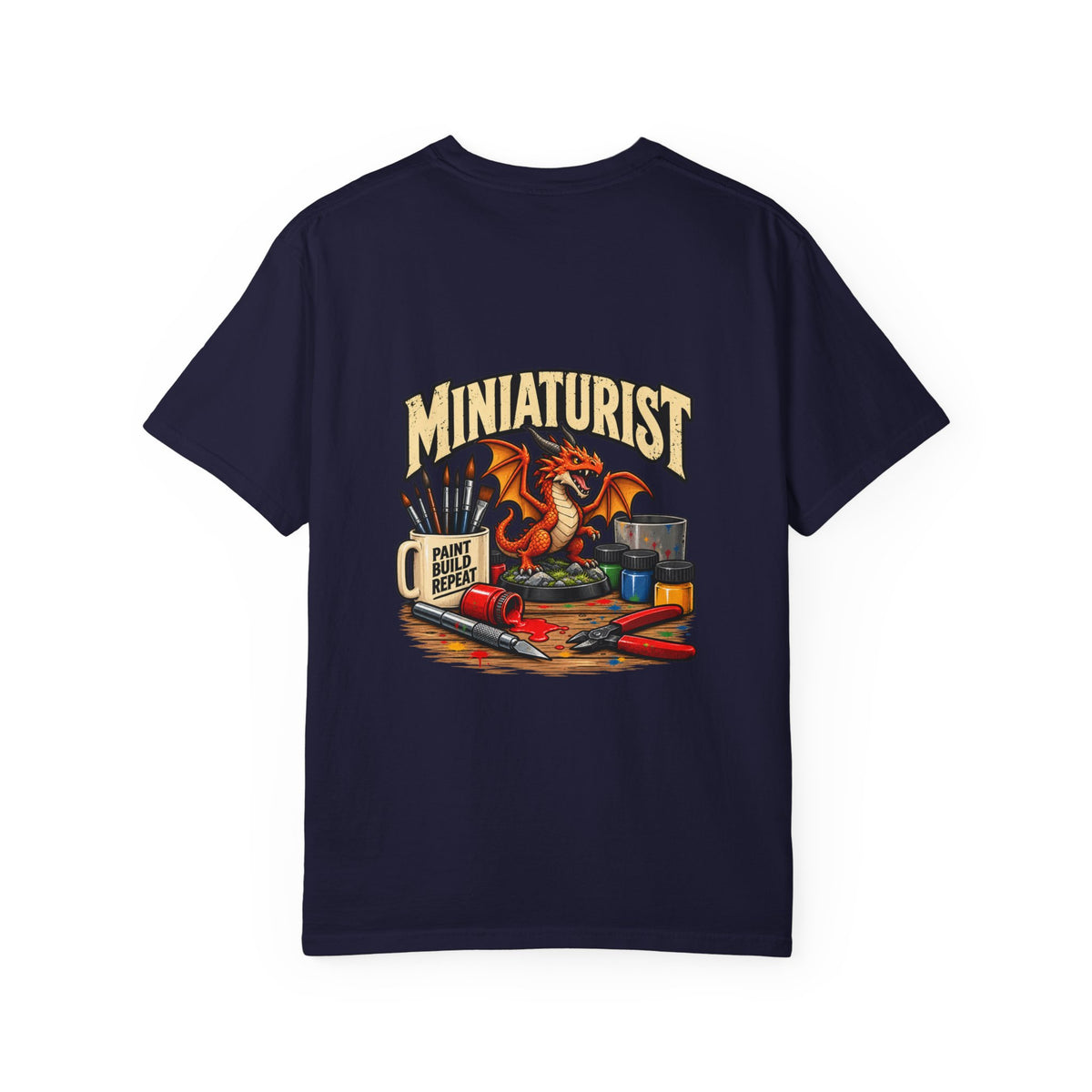 Miniaturist Dragon Paint Build Repeat T-Shirt | Miniature Painting Hobby Tee
