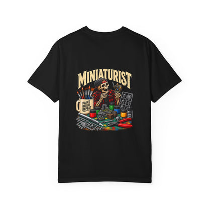 Miniaturist Skeleton Painter Paint Build Repeat T-Shirt | Miniature Painting Hobby Tee