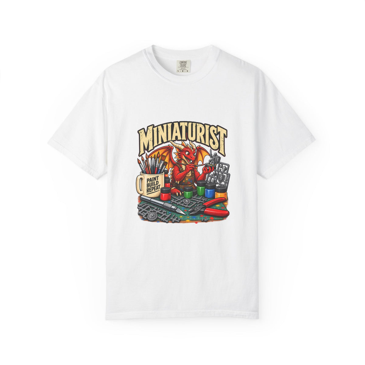 Miniaturist Dragon Painter Paint Build Repeat T-Shirt | Miniature Painting Hobby Tee
