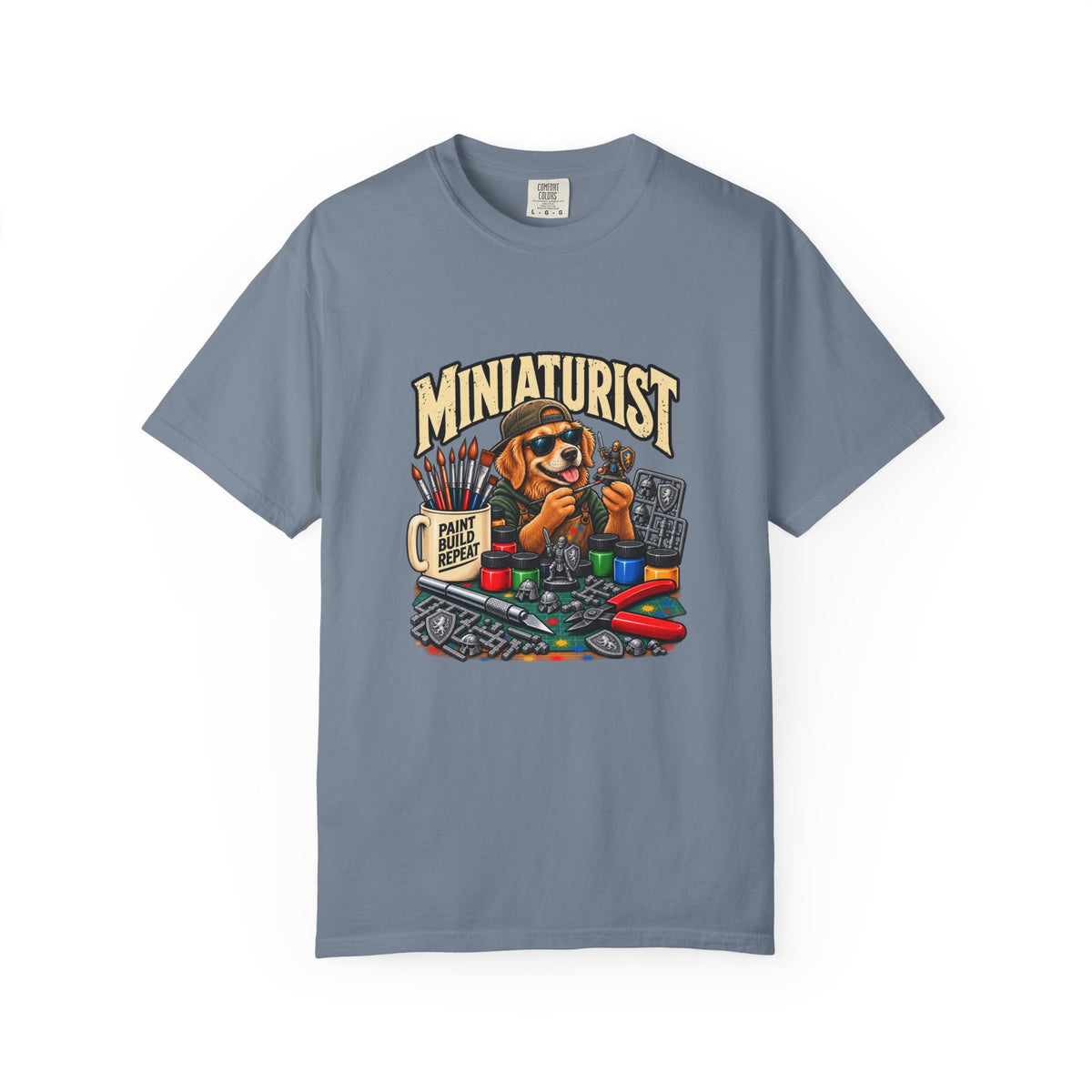 Miniaturist Dog Painter Paint Build Repeat T-Shirt | Miniature Painting Hobby Tee