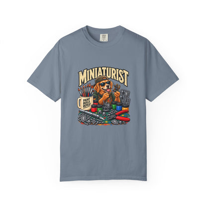 Miniaturist Dog Painter Paint Build Repeat T-Shirt | Miniature Painting Hobby Tee