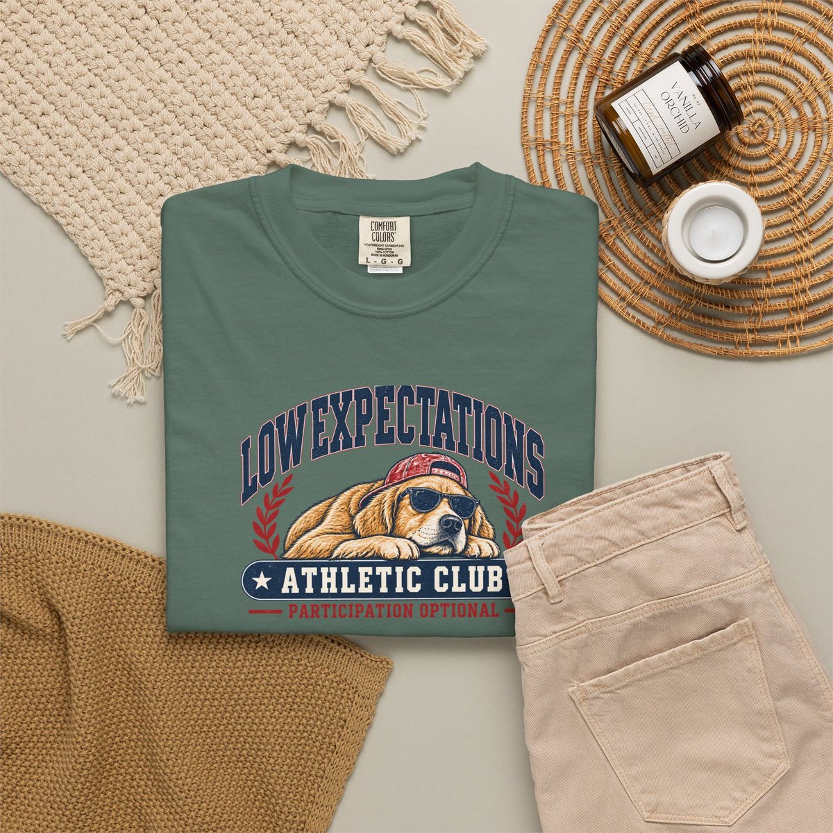 Low Expectations Athletic Club T-Shirt | Funny Retro Collegiate Dog Tee