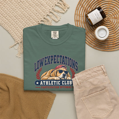 Low Expectations Athletic Club T-Shirt | Funny Retro Collegiate Dog Tee