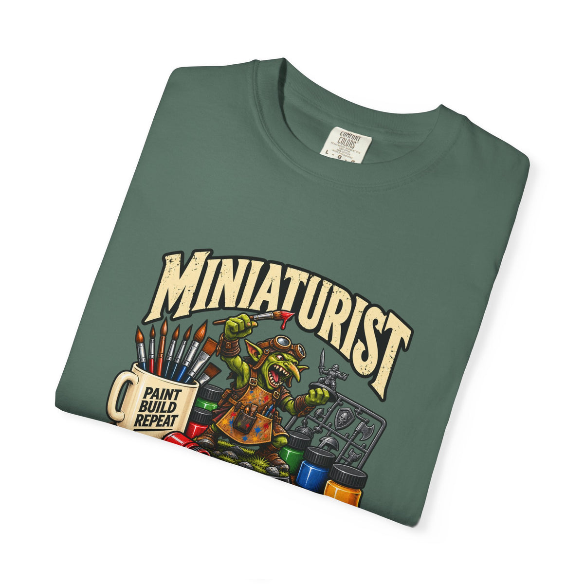 Miniaturist Goblin Paint Build Repeat T-Shirt | Miniature Painting Hobby Tee