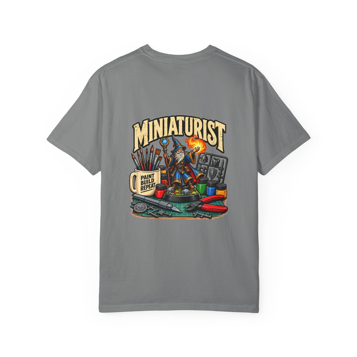 Miniaturist Wizard Paint Build Repeat T-Shirt | Miniature Painting Hobby Tee