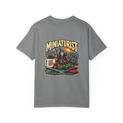 Miniaturist Wizard Paint Build Repeat T-Shirt | Miniature Painting Hobby Tee