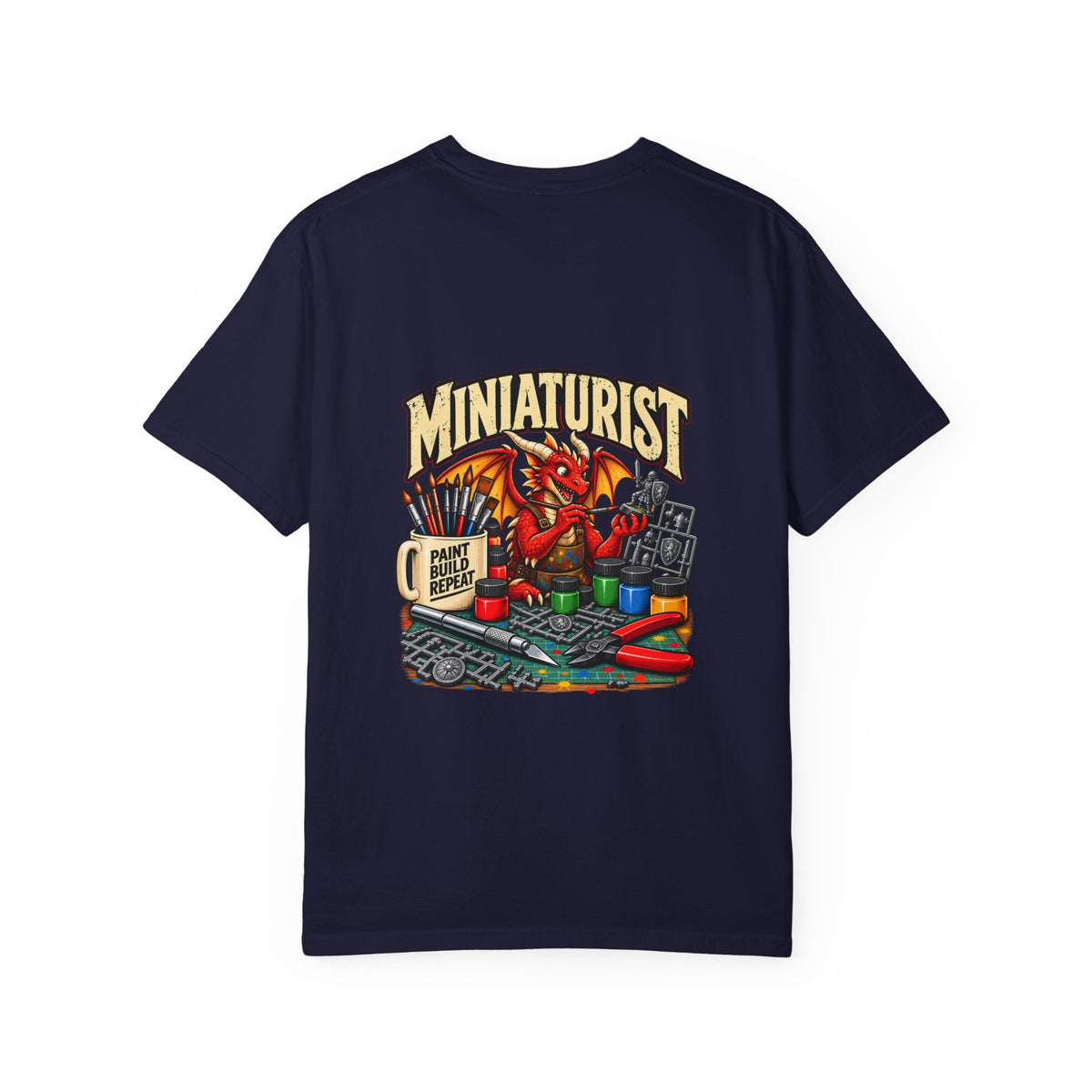 Miniaturist Dragon Painter Paint Build Repeat T-Shirt | Miniature Painting Hobby Tee