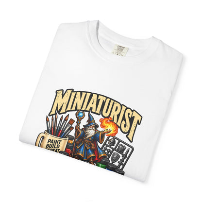 Miniaturist Wizard Paint Build Repeat T-Shirt | Miniature Painting Hobby Tee