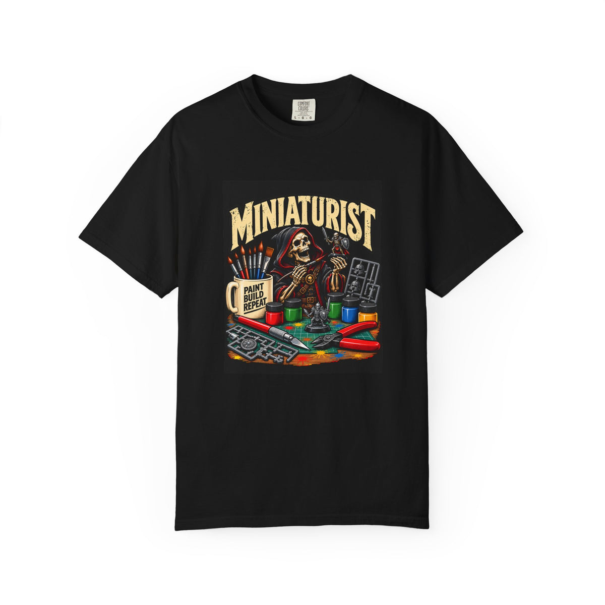 Miniaturist Skeleton Paint Build Repeat T-Shirt | Miniature Painting Hobby Tee