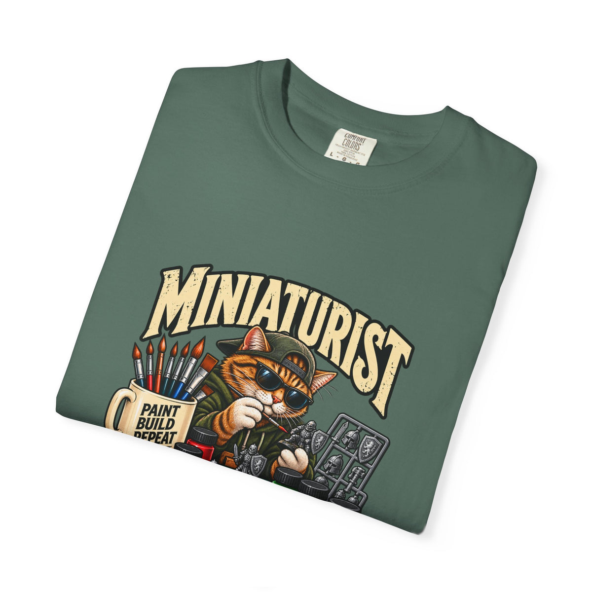 Miniaturist Cat Painter Paint Build Repeat T-Shirt | Miniature Painting Hobby Tee