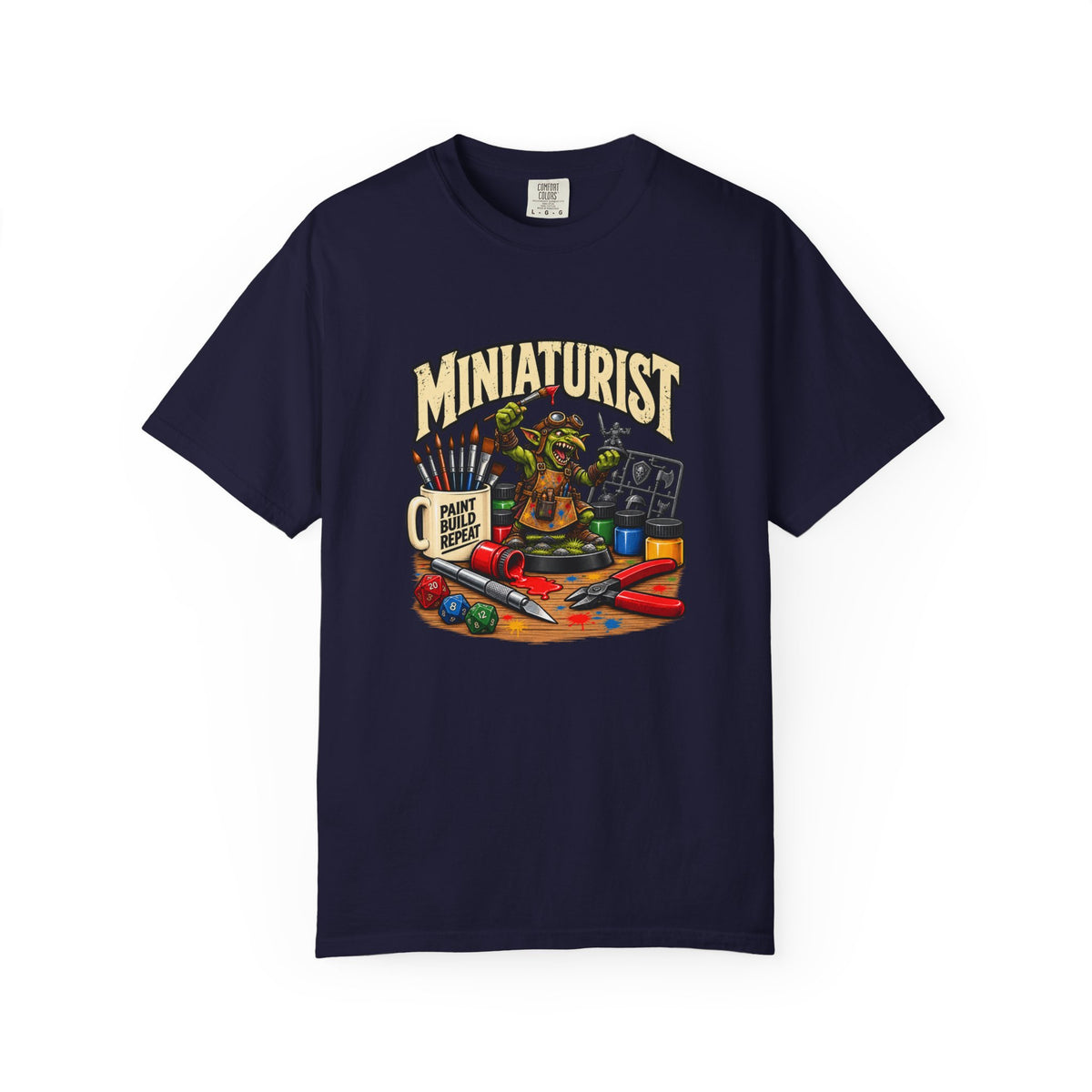 Miniaturist Goblin Paint Build Repeat T-Shirt | Miniature Painting Hobby Tee