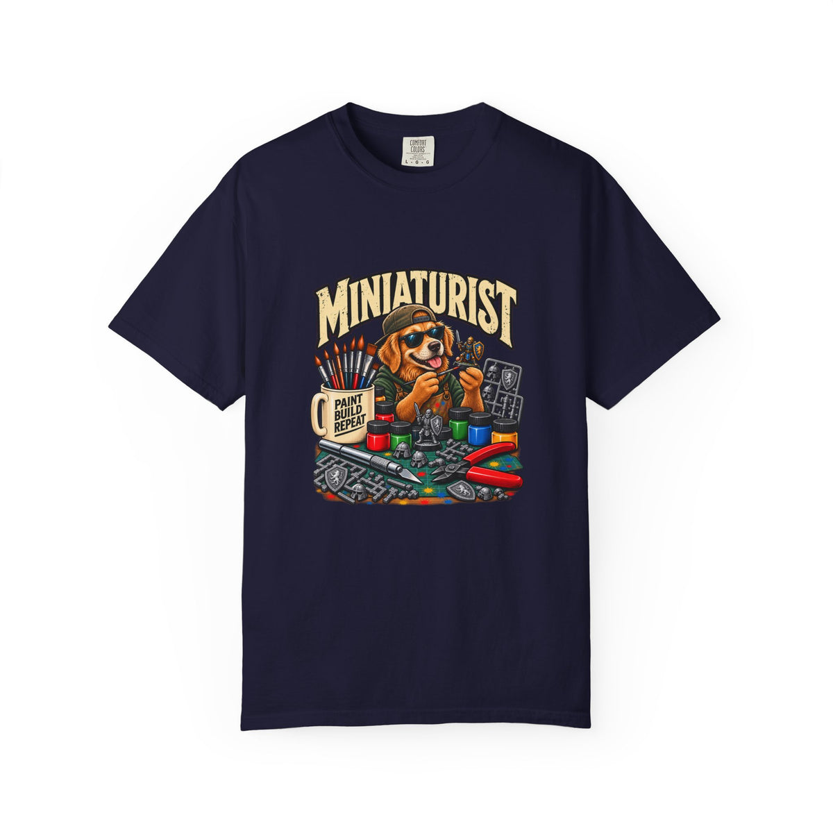 Miniaturist Dog Painter Paint Build Repeat T-Shirt | Miniature Painting Hobby Tee