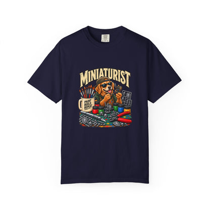 Miniaturist Dog Painter Paint Build Repeat T-Shirt | Miniature Painting Hobby Tee