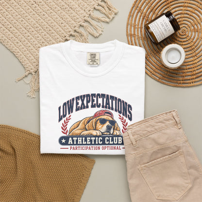 Low Expectations Athletic Club T-Shirt | Funny Retro Collegiate Dog Tee