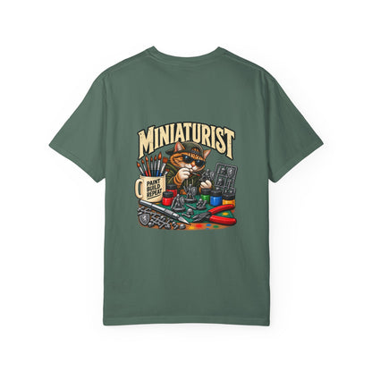 Miniaturist Cat Painter Paint Build Repeat T-Shirt | Miniature Painting Hobby Tee