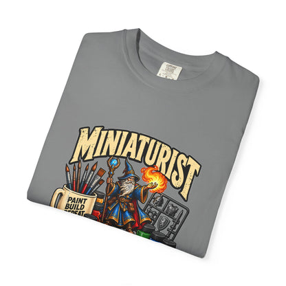 Miniaturist Wizard Paint Build Repeat T-Shirt | Miniature Painting Hobby Tee