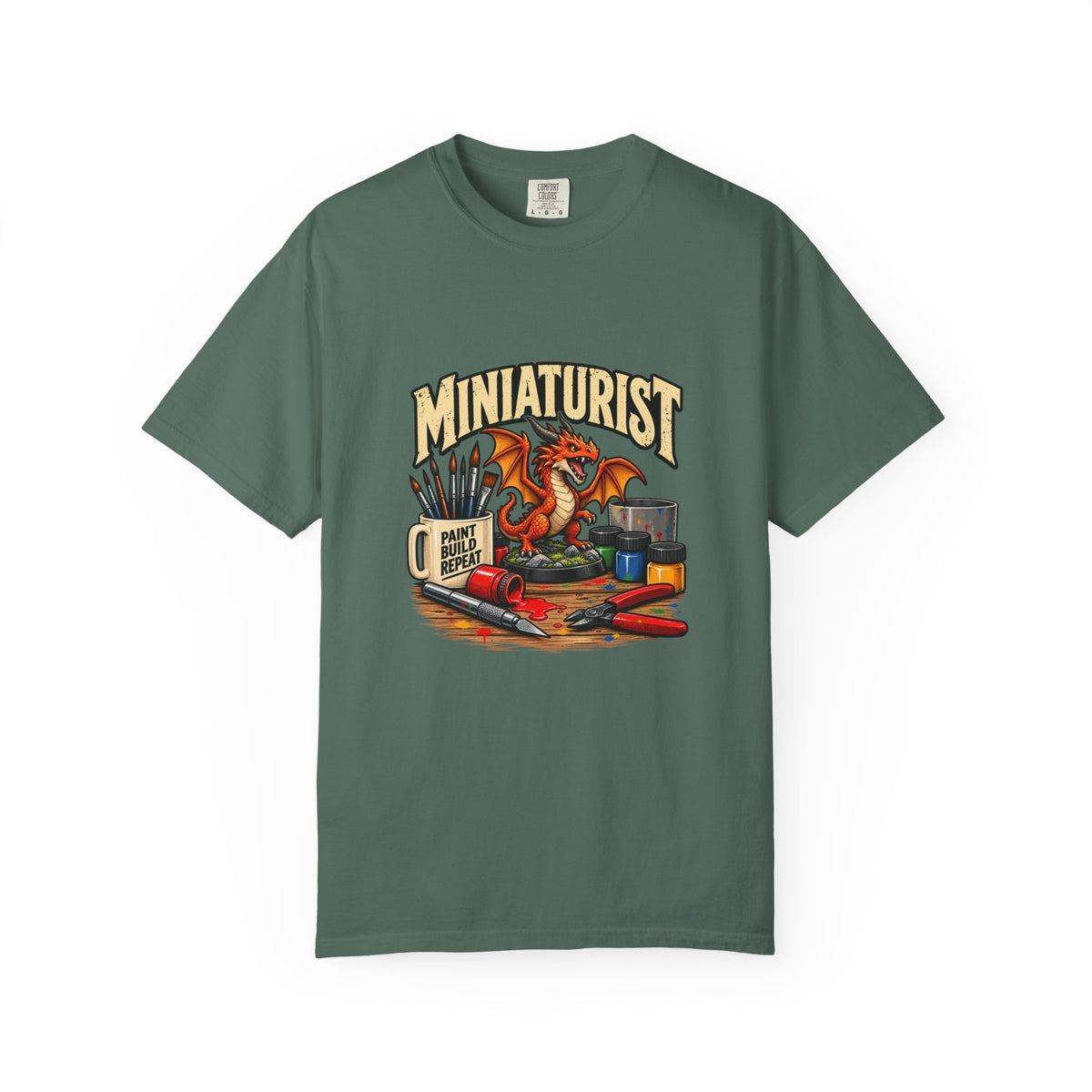Miniaturist Dragon Paint Build Repeat T-Shirt | Miniature Painting Hobby Tee