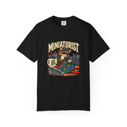 Miniaturist Cat Painter Paint Build Repeat T-Shirt | Miniature Painting Hobby Tee