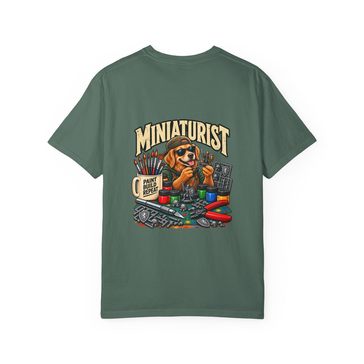Miniaturist Dog Painter Paint Build Repeat T-Shirt | Miniature Painting Hobby Tee