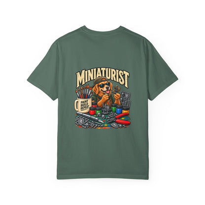 Miniaturist Dog Painter Paint Build Repeat T-Shirt | Miniature Painting Hobby Tee
