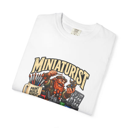 Miniaturist Dwarf Painter Paint Build Repeat T-Shirt | Miniature Painting Hobby Tee