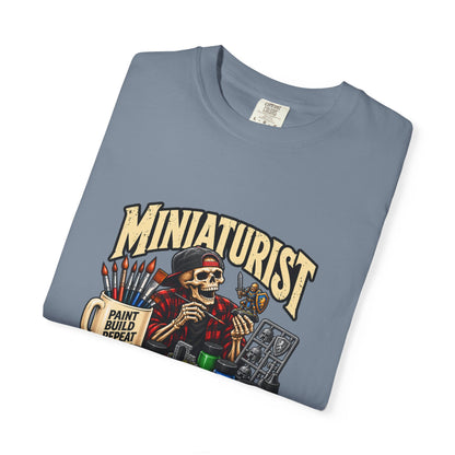 Miniaturist Skeleton Painter Paint Build Repeat T-Shirt | Miniature Painting Hobby Tee